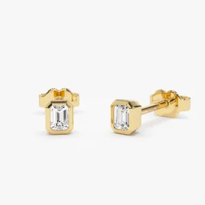 14k Emerald Cut Bezel Setting Stud Earrings