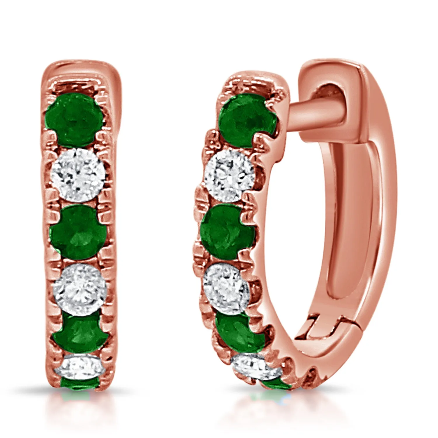 14K Gold Alternating Emerald & Diamond Huggie Earrings