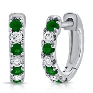 14K Gold Alternating Emerald & Diamond Huggie Earrings