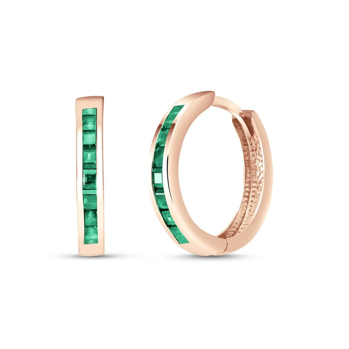 14K Solid Rose Gold Hoop Huggie Earrings w/ Emeralds