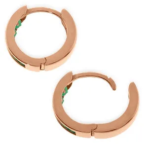 14K Solid Rose Gold Hoop Huggie Earrings w/ Emeralds