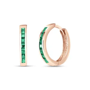 14K Solid Rose Gold Hoop Huggie Earrings w/ Emeralds