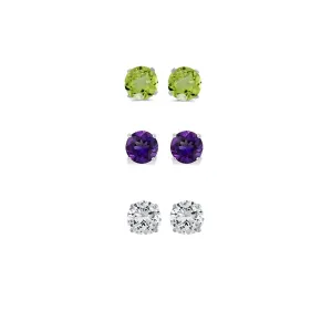 14k White Gold Plated 1Ct Created Peridot, Amethyst and White Sapphire 3 Pair Round Stud Earrings