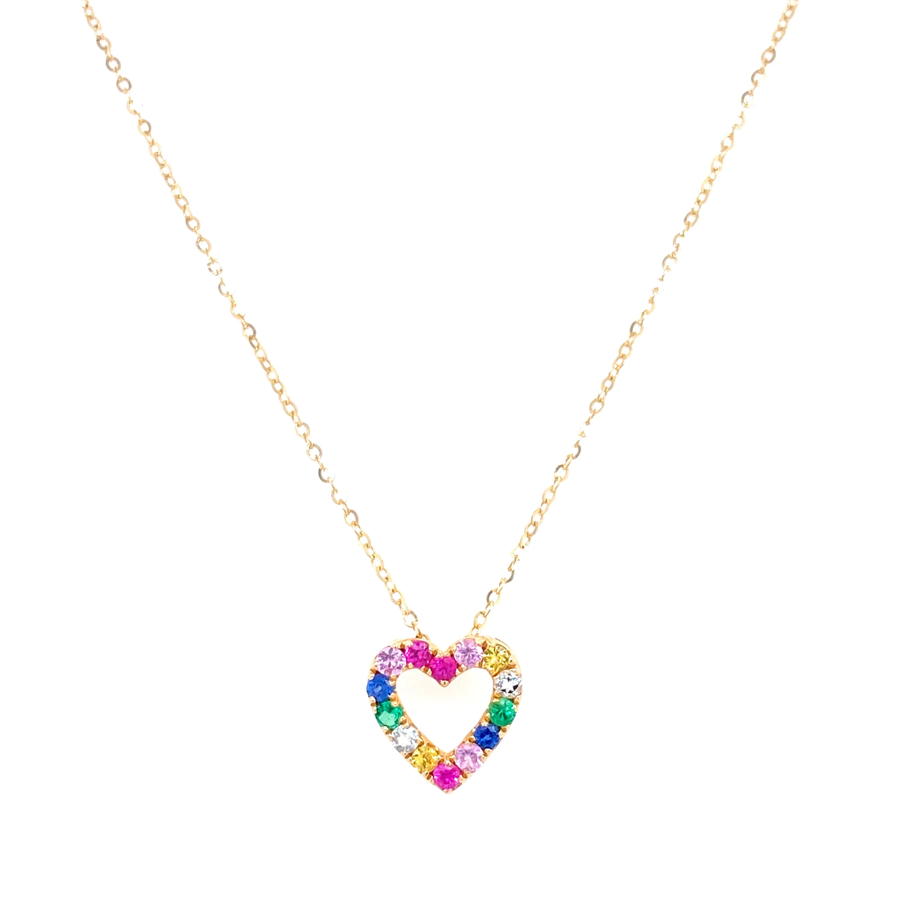 14K Yellow Gold Diamond Multi Gemstone Open Heart Necklace