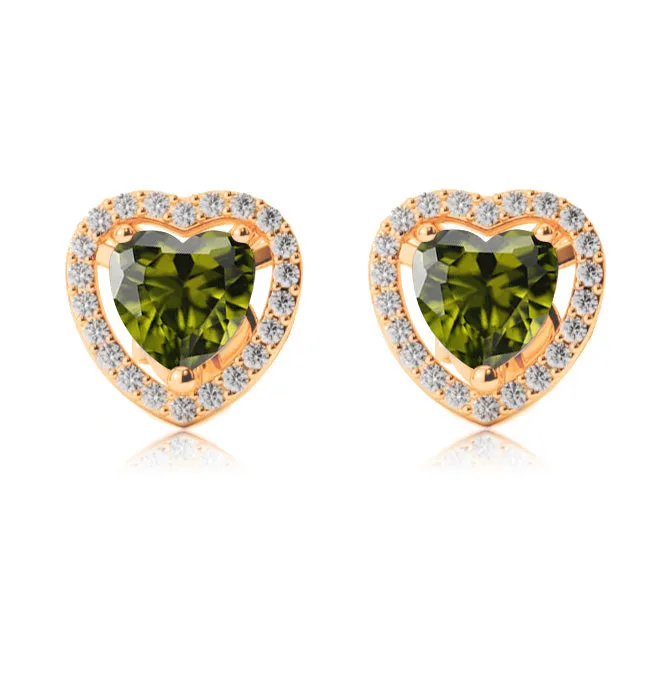 14k Yellow Gold Plated 4 Ct Created Halo Heart Peridot Stud Earrings