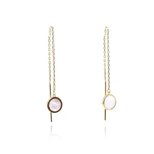 14K YELLOW GOLD ROUND MOTHER-OF-PEARL THREADER EARRINGS