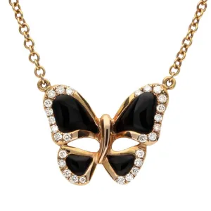 18ct Rose Gold Whitby Jet 0.19ct Diamond Butterfly Necklace