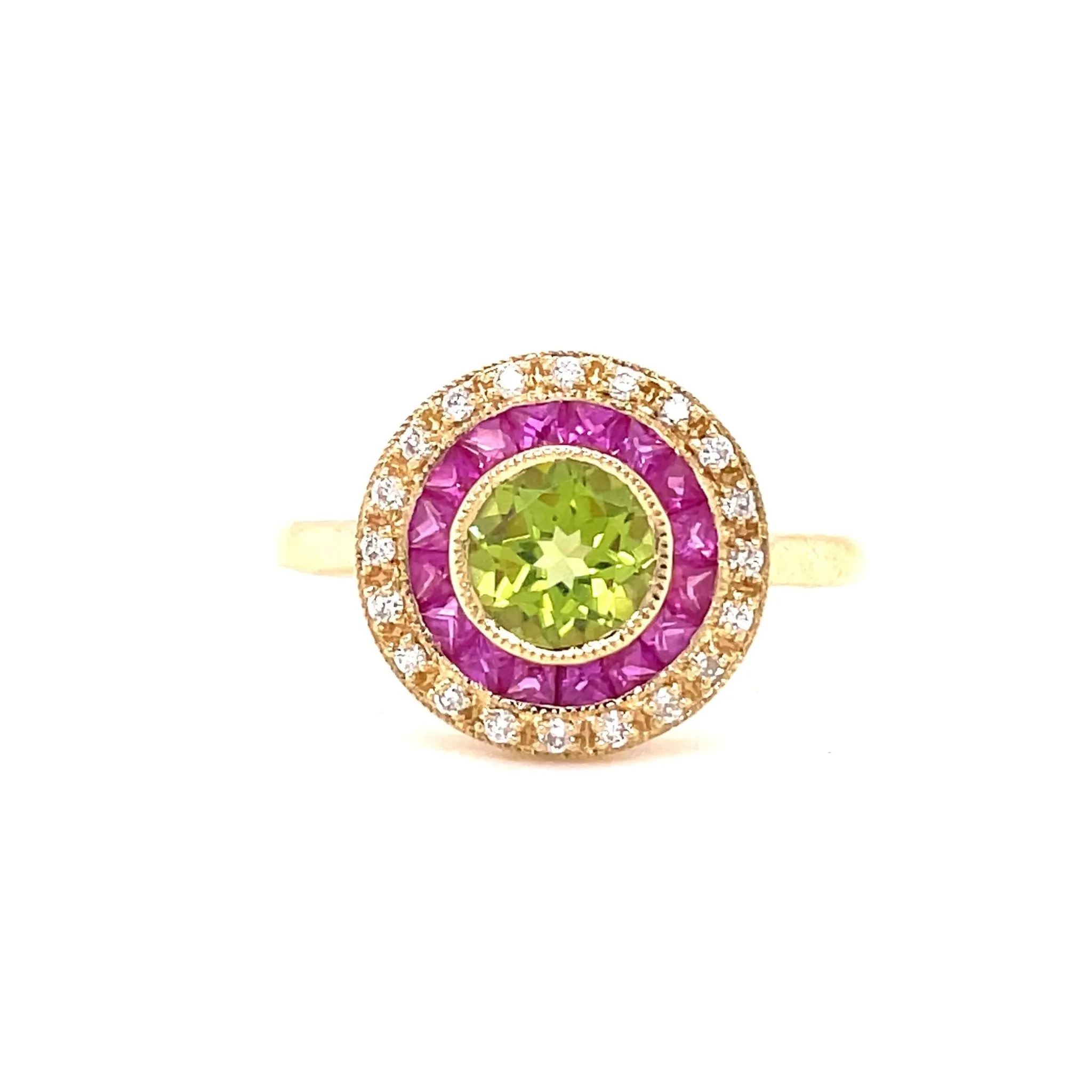 18ct Yellow Gold Diamond, Peridot and Ruby Target Cluster Ring