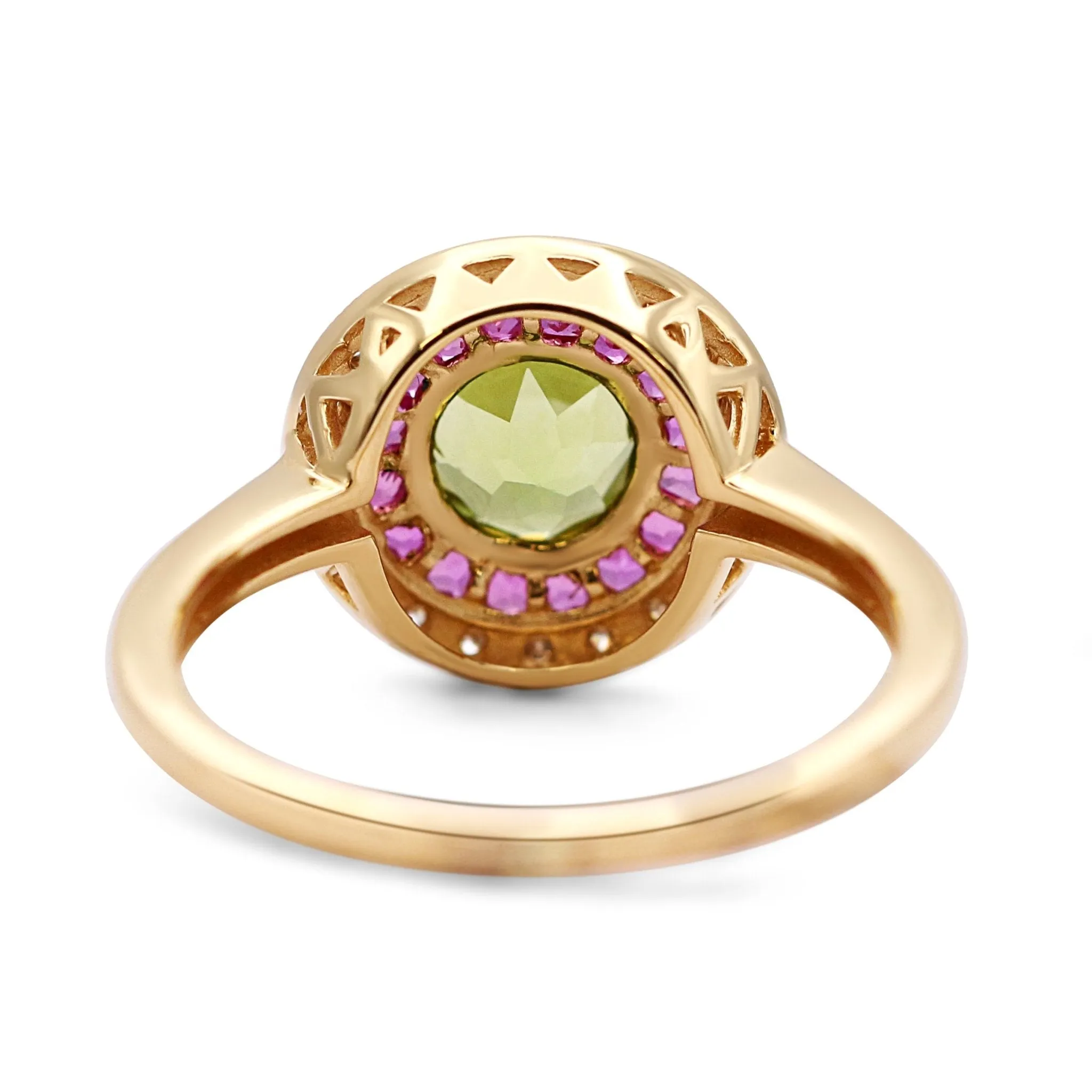 18ct Yellow Gold Diamond, Peridot and Ruby Target Cluster Ring