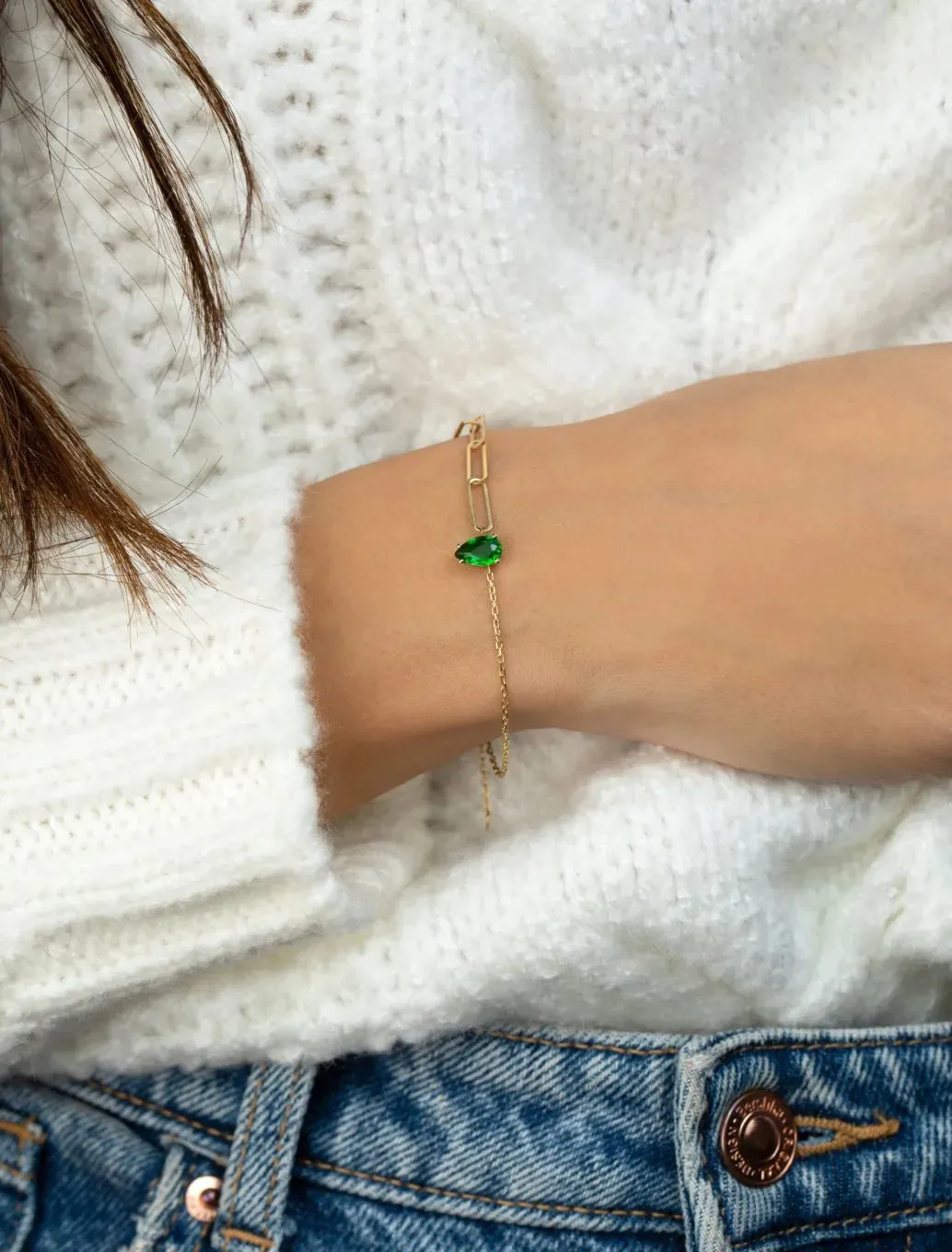 18K Gold Emerald Teardrop & Mixed Chain Bracelet