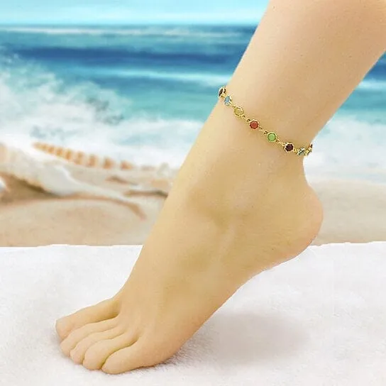 18k Gold Filled High Polish Finish Multi Color Flower Crystal Ankle Bracelet