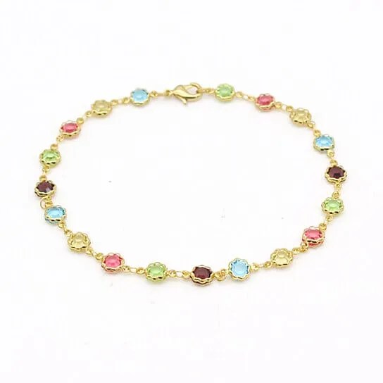 18k Gold Filled High Polish Finish Multi Color Flower Crystal Ankle Bracelet