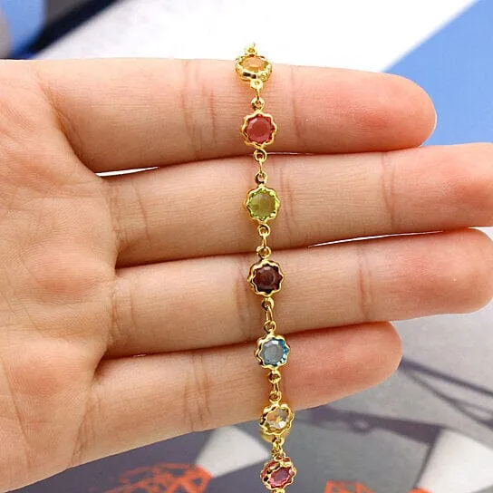 18k Gold Filled High Polish Finish Multi Color Flower Crystal Ankle Bracelet