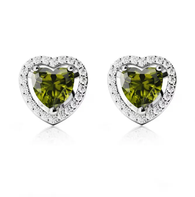 18k White Gold Plated 2 Ct Created Halo Heart Peridot Stud Earrings