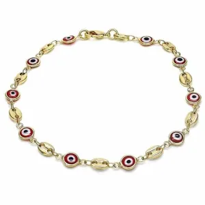 18k Women's Gold Filled High Polish Finish Mariner Marina- Red Evil Eye Lobster Clasp Ankle Bracelet 10'' Inch