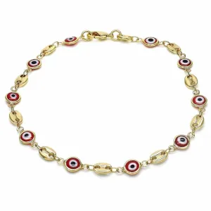 18K Womens Gold Filled High Polish Finsh Mariner Marina- Red Evil Eye Lobster Clasp Ankle Bracelet 10 Inch