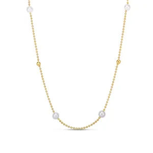 18K Yellow Gold 4 Station Pearl and Bead Necklace