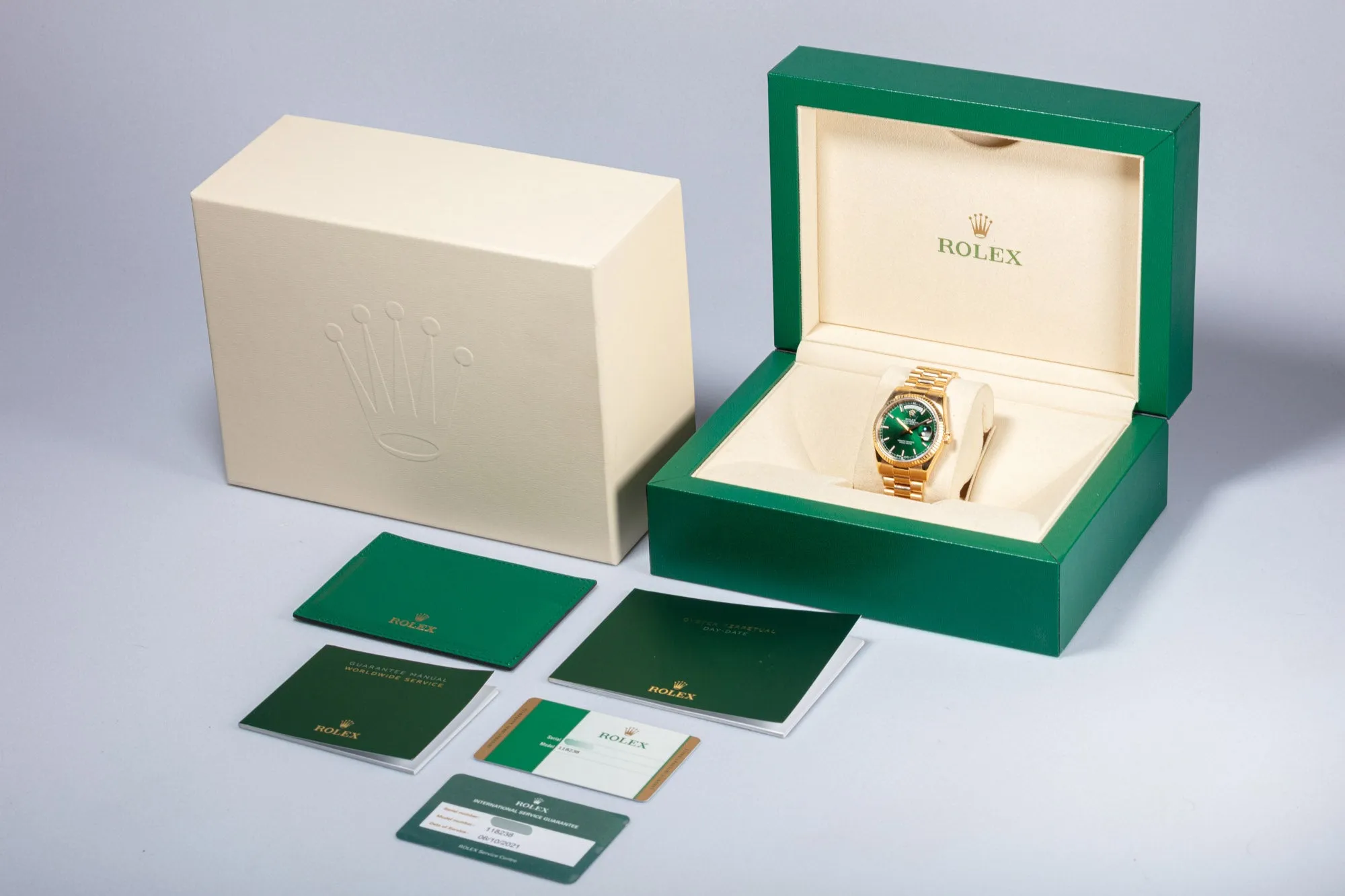 2018 Rolex Day-Date 118238 Green Dial Box, Card, & Service Card