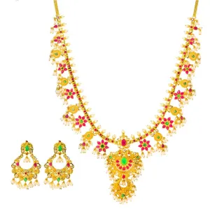 22K Yellow Gold Antique Guttapusalu Necklace and Earrings Set W/ Emeralds, Pearls, CZ, Rubies & Flower Accents