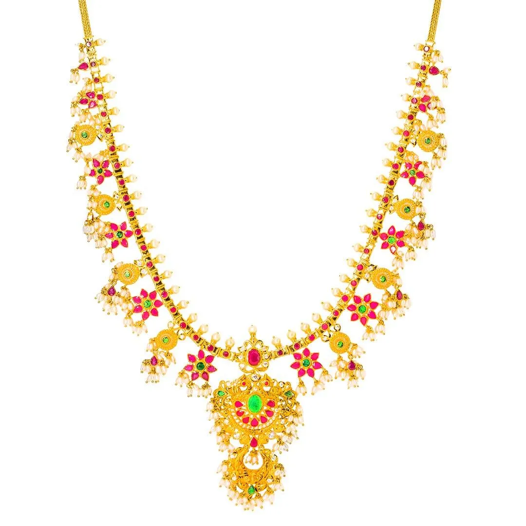 22K Yellow Gold Antique Guttapusalu Necklace and Earrings Set W/ Emeralds, Pearls, CZ, Rubies & Flower Accents