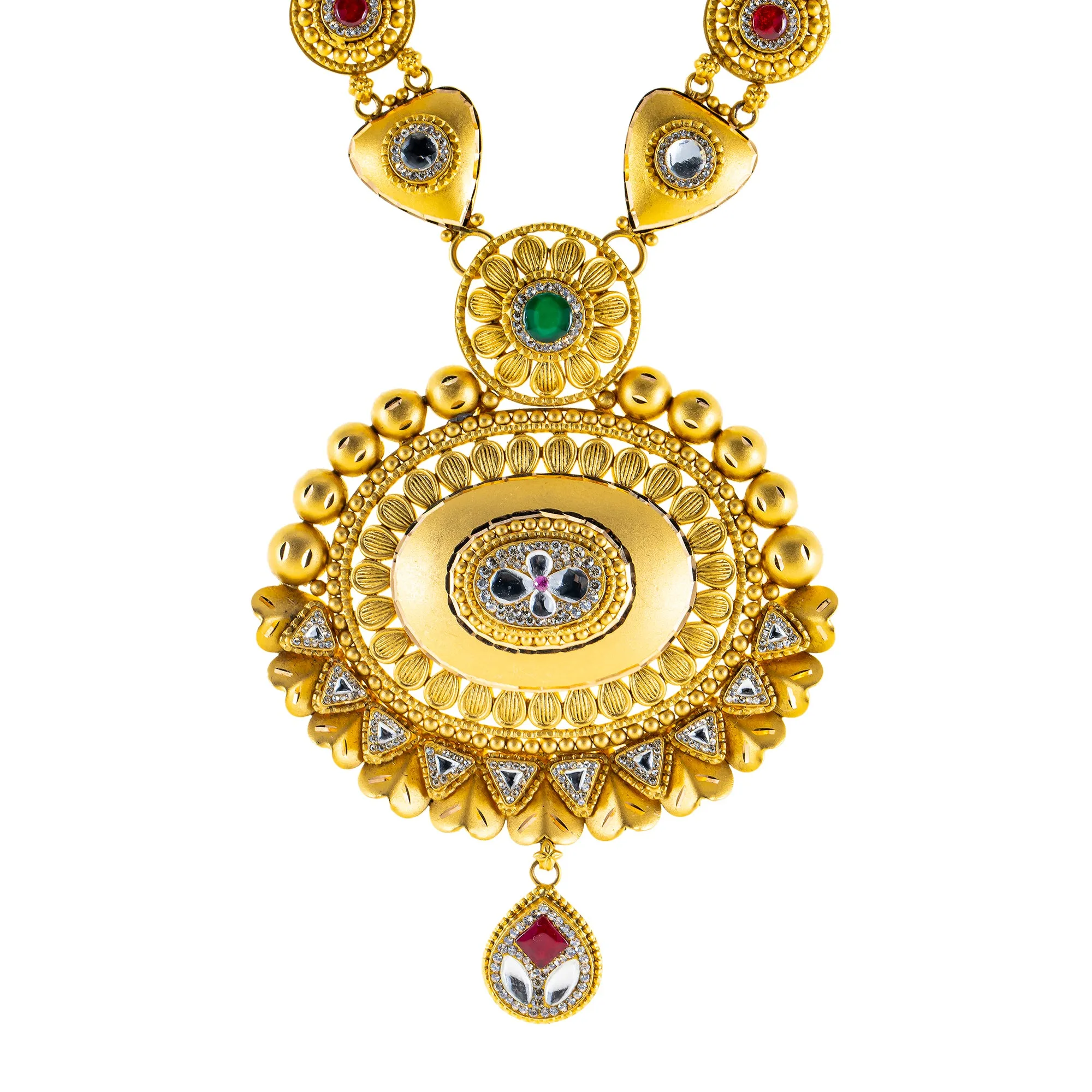 22K Yellow Gold Bridal Necklace Set w/ CZ, Emerald, Kundan & Ruby (78.4gm)