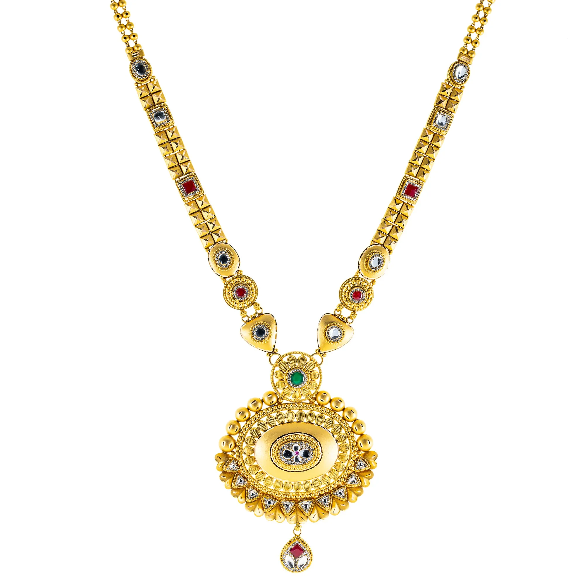 22K Yellow Gold Bridal Necklace Set w/ CZ, Emerald, Kundan & Ruby (78.4gm)