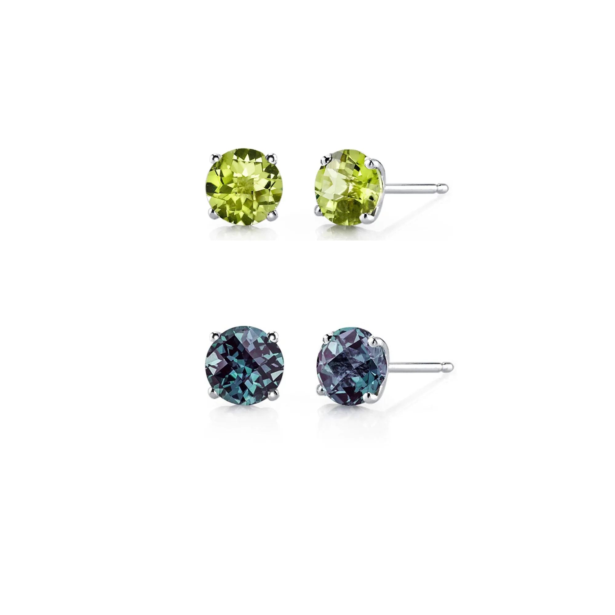 24k White Gold Plated 4Ct Created Peridot and Alexandrite 2 Pair Round Stud Earrings