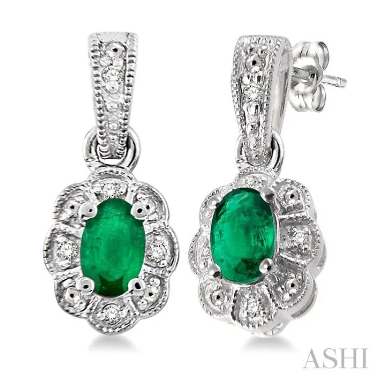 5x3 MM Oval Cut Emerald and 1/20 ctw Single Cut Diamond Earrings in Sterling Silver