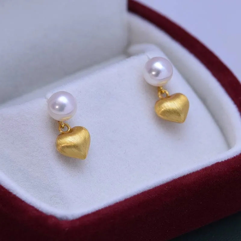 6-7mm White Freshwater Pearl & Heart Gold Earrings