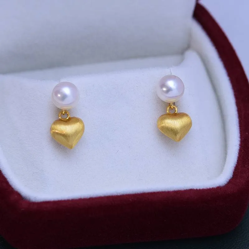 6-7mm White Freshwater Pearl & Heart Gold Earrings