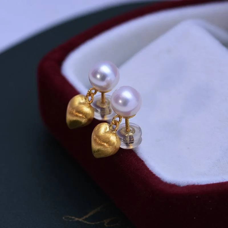 6-7mm White Freshwater Pearl & Heart Gold Earrings