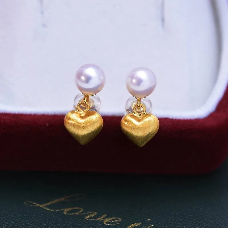 6-7mm White Freshwater Pearl & Heart Gold Earrings