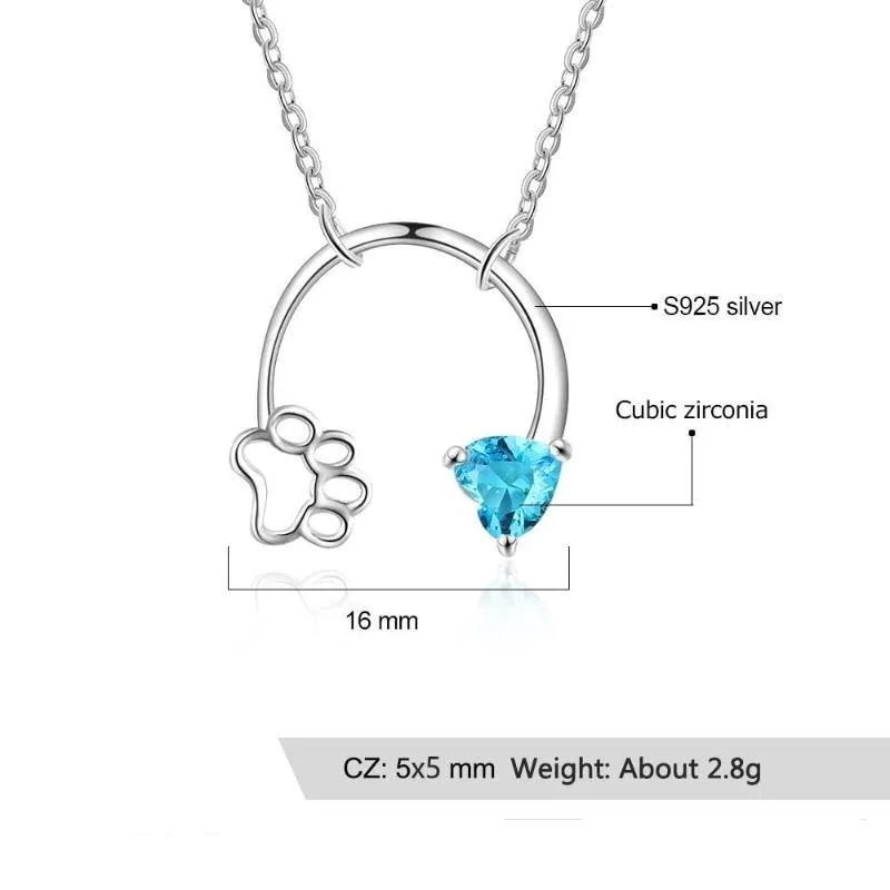 925 Sterling Silver Custom Cat Necklace Pet Footprint and Heart Birthstone