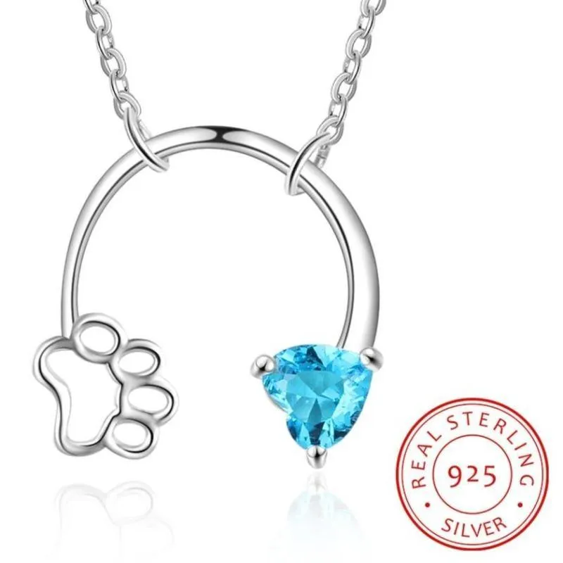 925 Sterling Silver Custom Cat Necklace Pet Footprint and Heart Birthstone