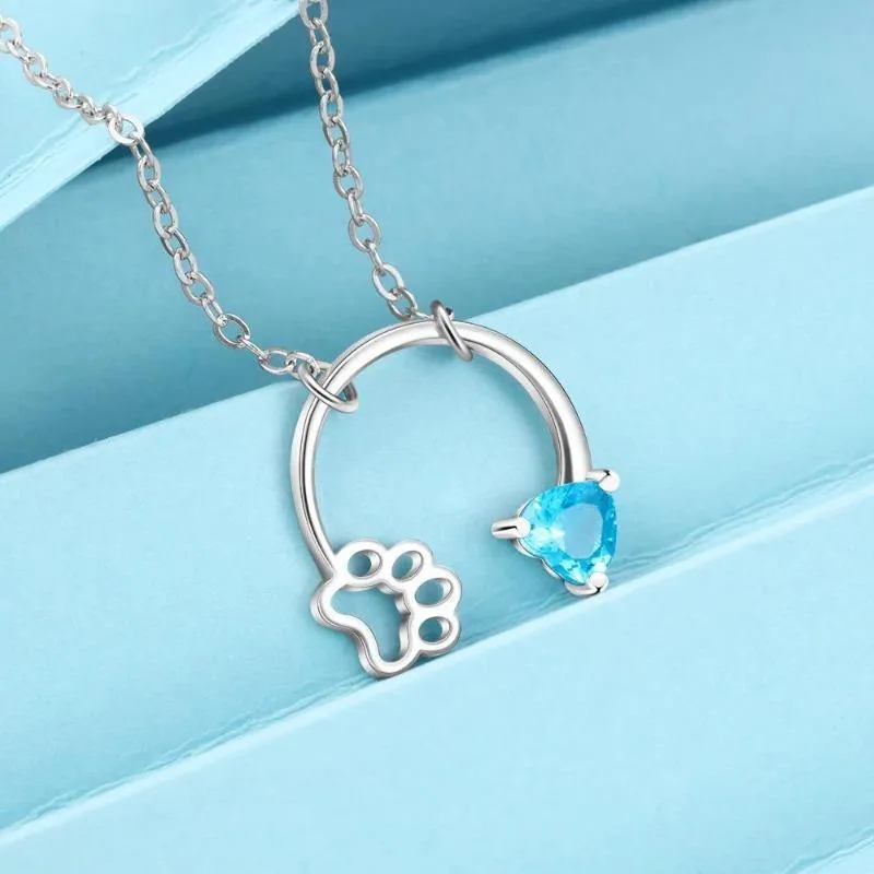 925 Sterling Silver Custom Cat Necklace Pet Footprint and Heart Birthstone