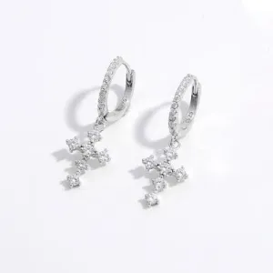 925 Sterling Silver Inlaid Zircon Cross Dangle Earrings