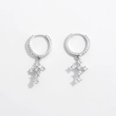 925 Sterling Silver Inlaid Zircon Cross Dangle Earrings