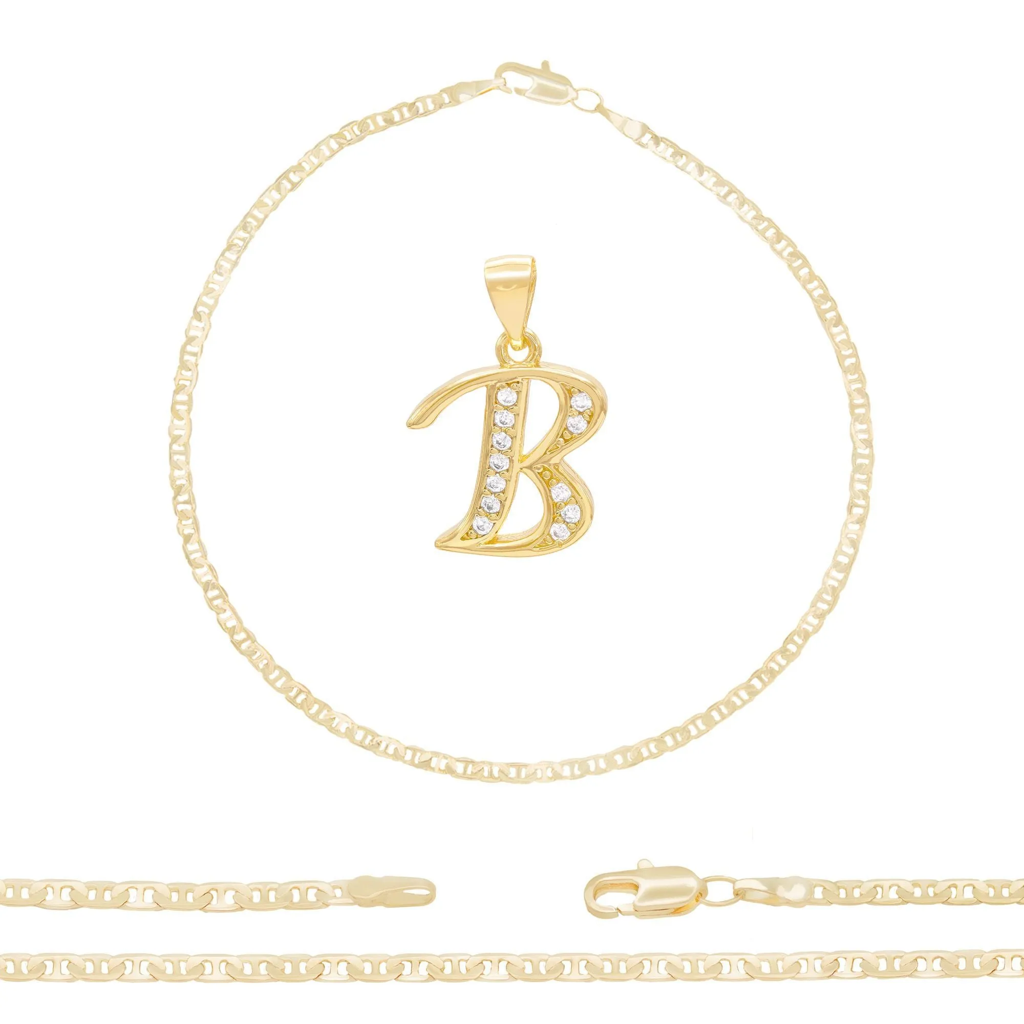 A-Z Initial Letter Pendant 14K Gold Filled Cubic Zirconia Mariner Chain Anklet 10" Set CZ Charm Foot Bracelet 3.2 mm Female Women Girl