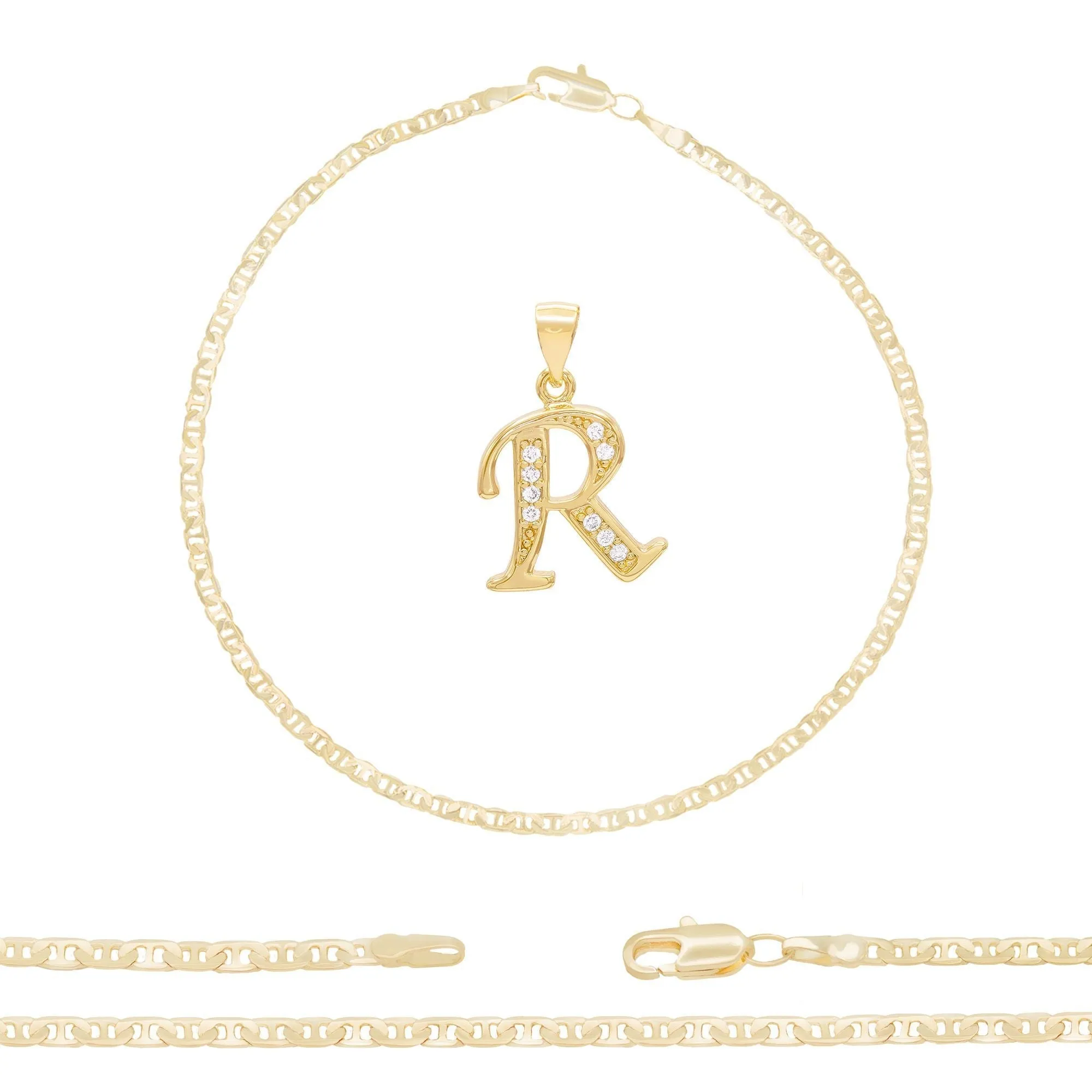 A-Z Initial Letter Pendant 14K Gold Filled Cubic Zirconia Mariner Chain Anklet 10" Set CZ Charm Foot Bracelet 3.2 mm Female Women Girl