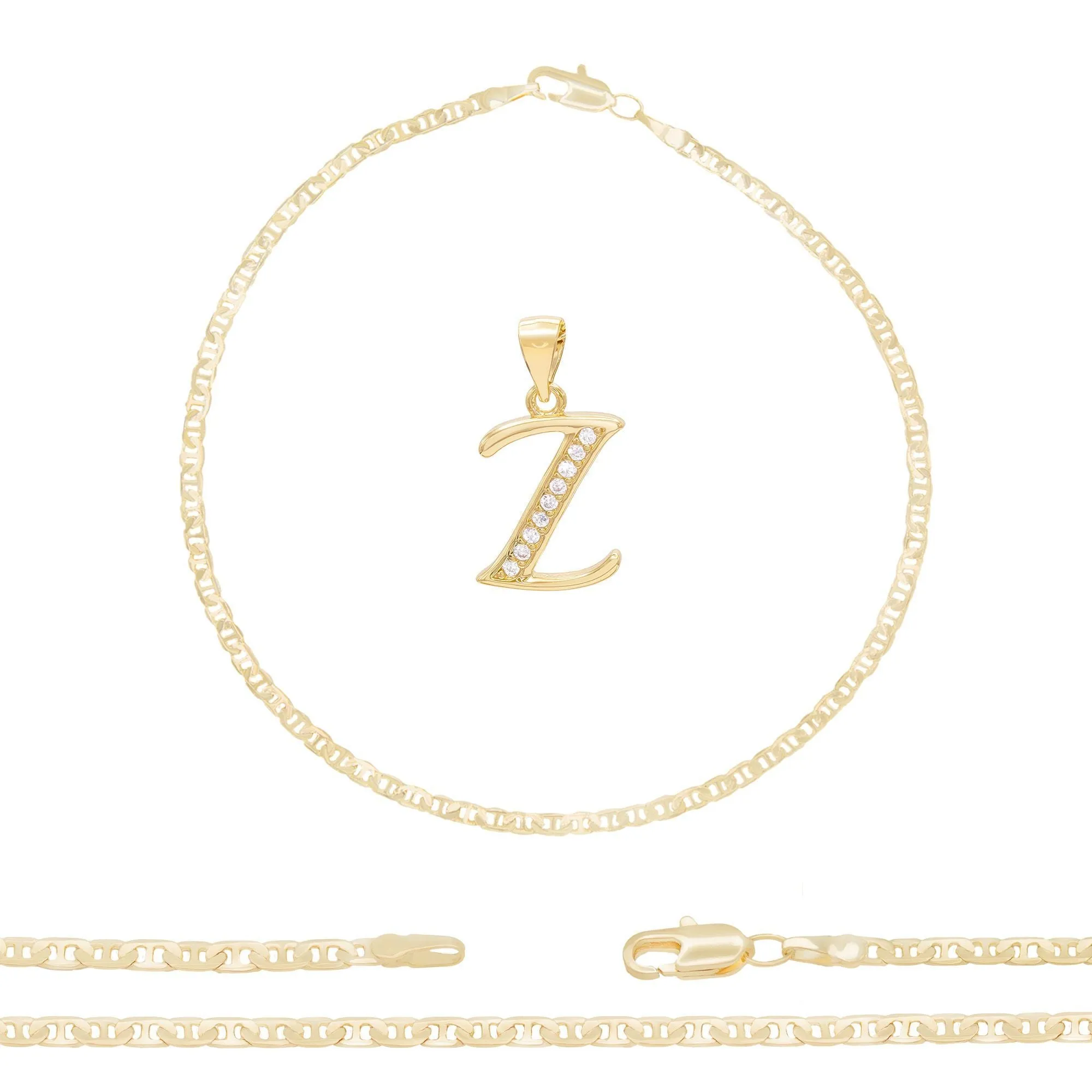 A-Z Initial Letter Pendant 14K Gold Filled Cubic Zirconia Mariner Chain Anklet 10" Set CZ Charm Foot Bracelet 3.2 mm Female Women Girl