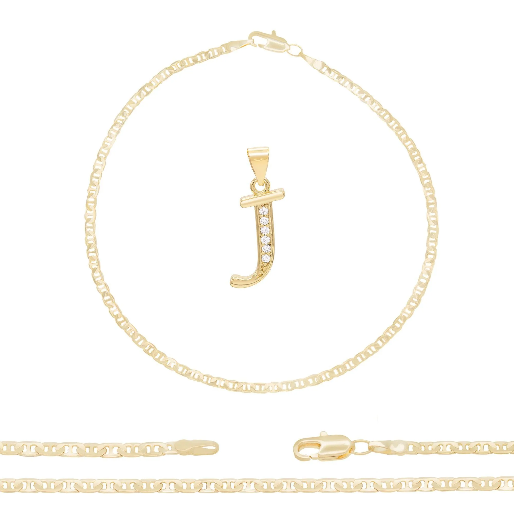 A-Z Initial Letter Pendant 14K Gold Filled Cubic Zirconia Mariner Chain Anklet 10" Set CZ Charm Foot Bracelet 3.2 mm Female Women Girl