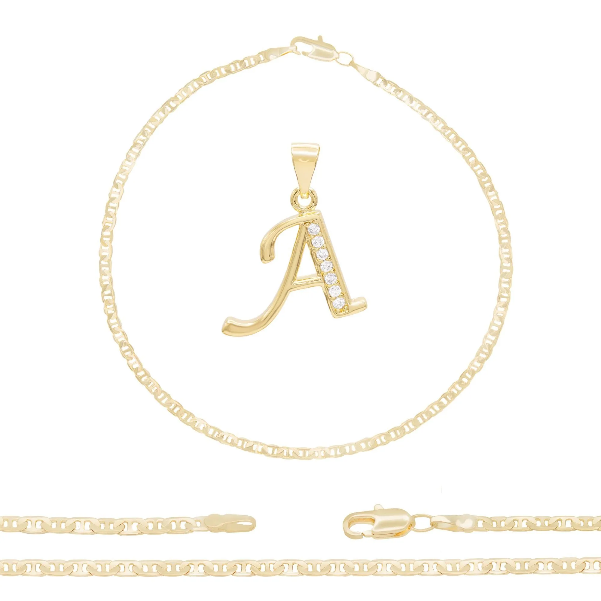 A-Z Initial Letter Pendant 14K Gold Filled Cubic Zirconia Mariner Chain Anklet 10" Set CZ Charm Foot Bracelet 3.2 mm Female Women Girl