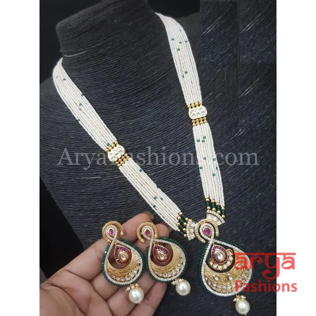 Aashvi Jaipuri Long Pacchi Kundan Necklace with CZ stones