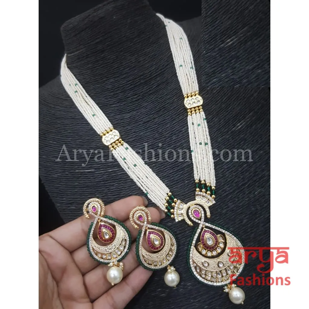 Aashvi Jaipuri Long Pacchi Kundan Necklace with CZ stones