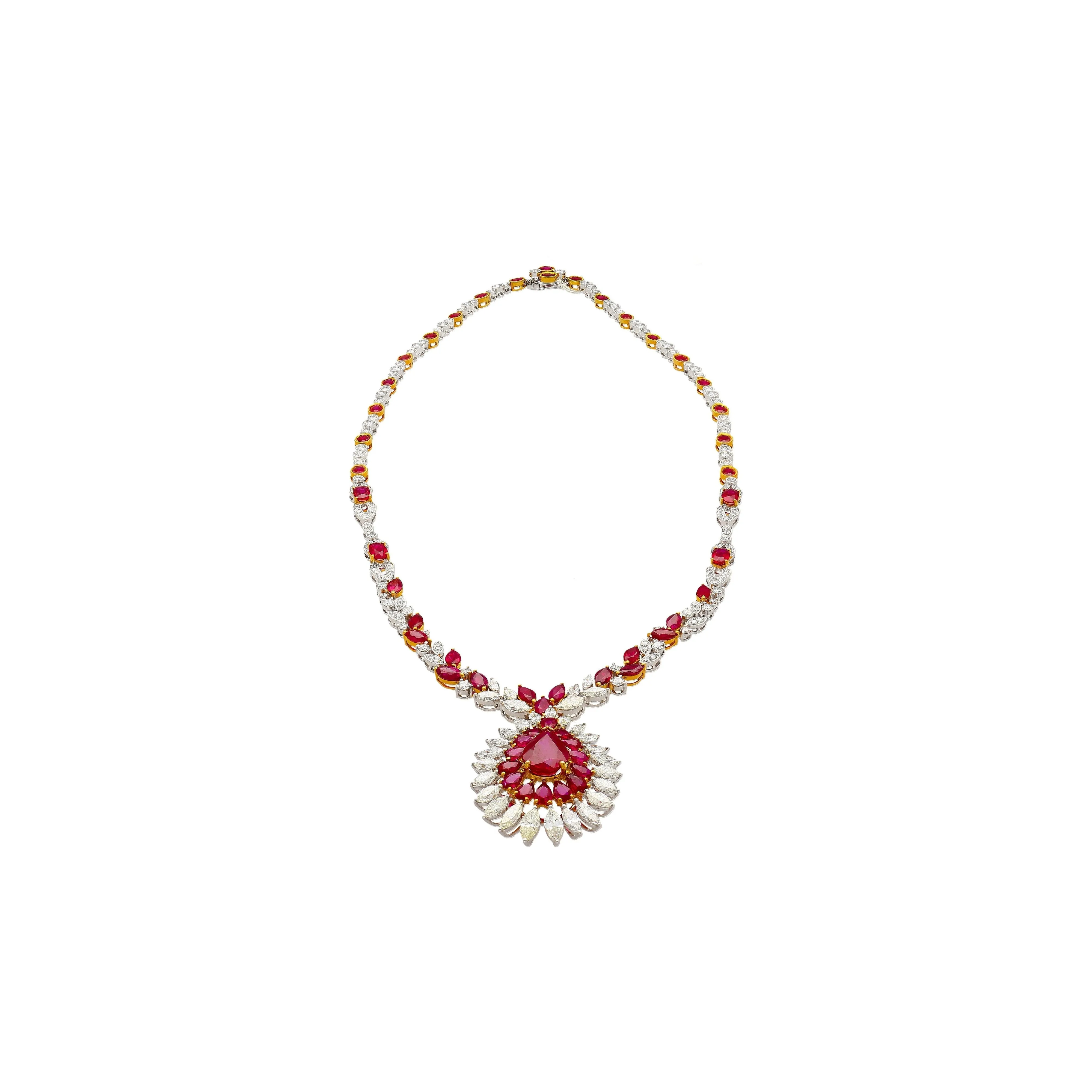 AGL Certified 22 Carat Pear Cut Burma Ruby and Diamond Chandelier Necklace