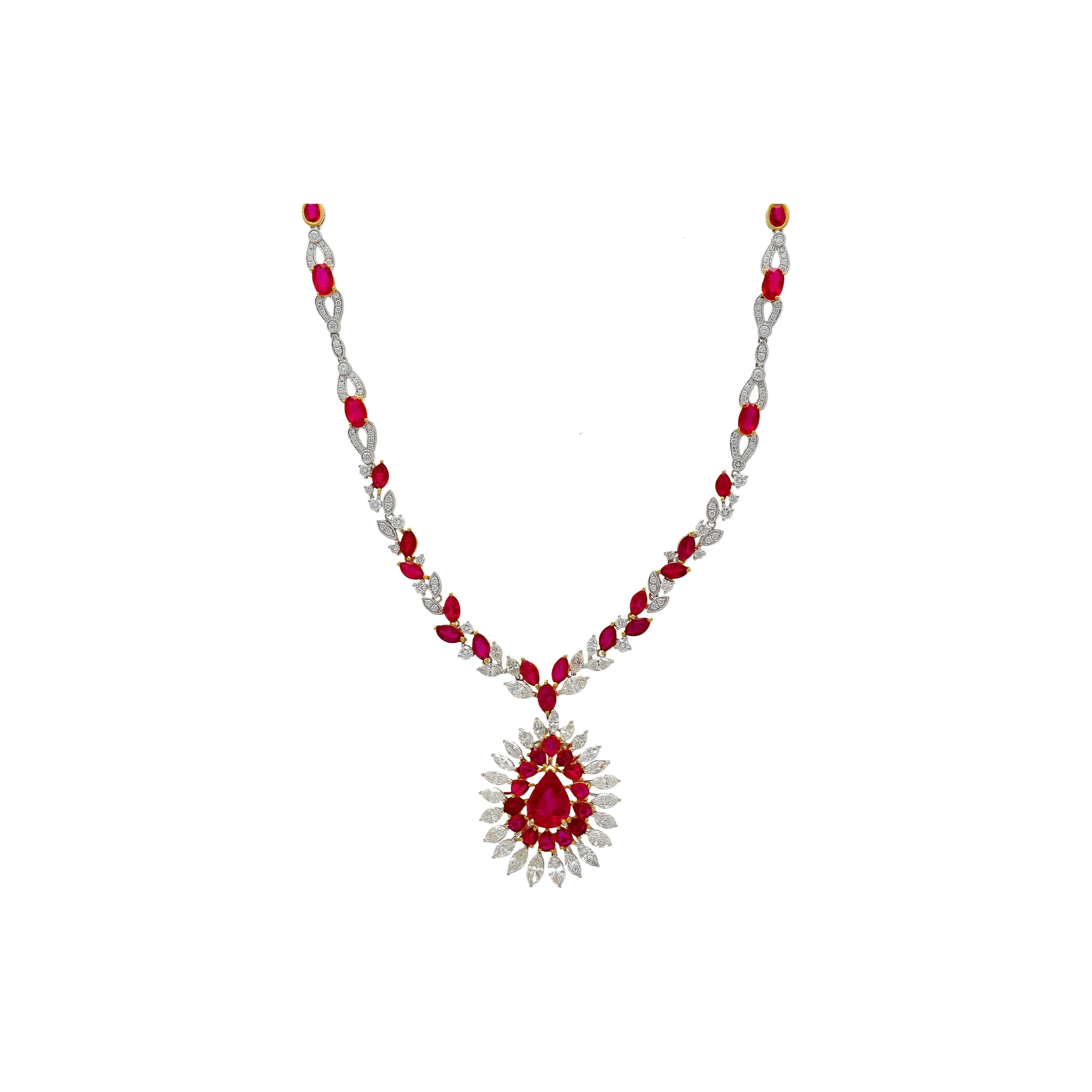 AGL Certified 22 Carat Pear Cut Burma Ruby and Diamond Chandelier Necklace