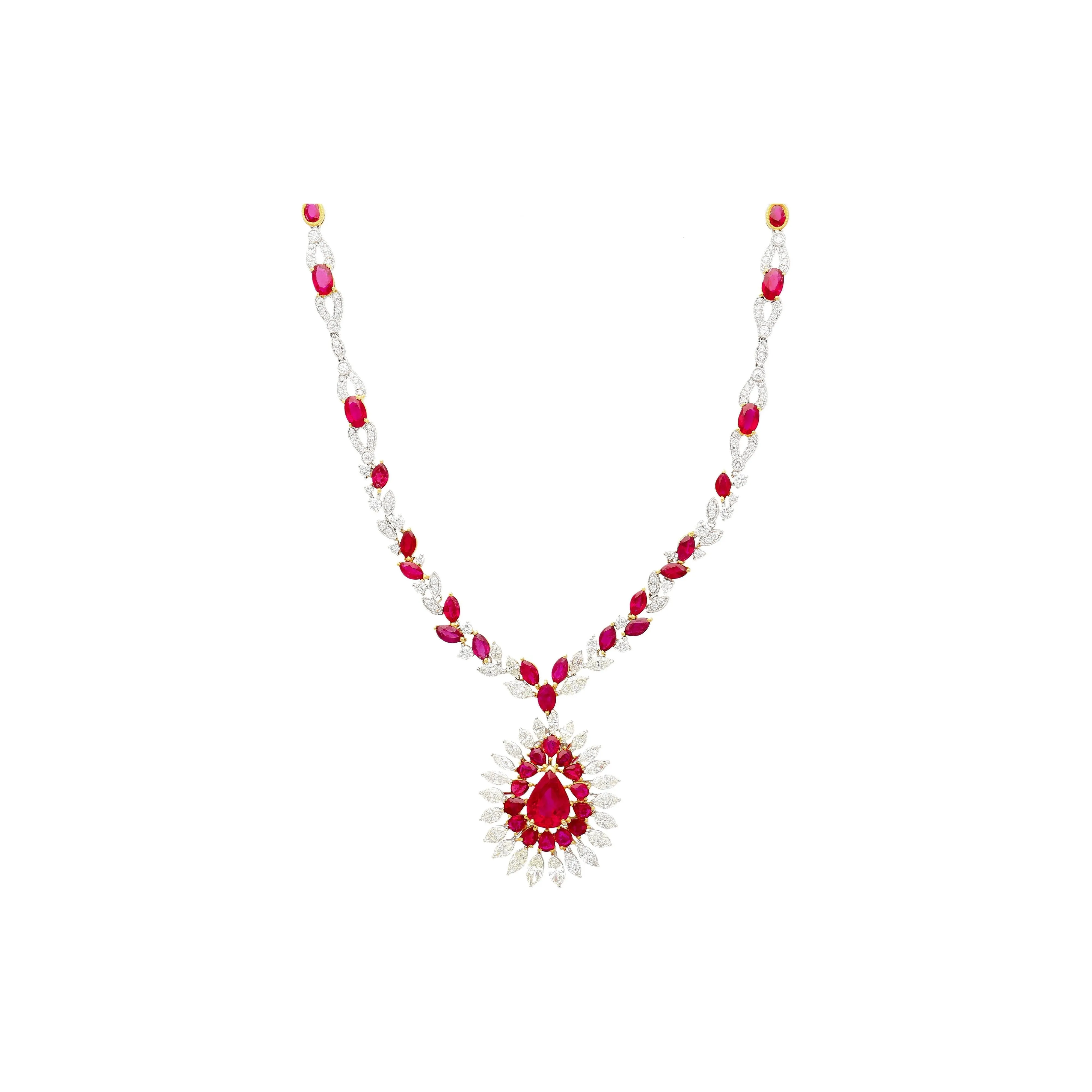 AGL Certified 22 Carat Pear Cut Burma Ruby and Diamond Chandelier Necklace