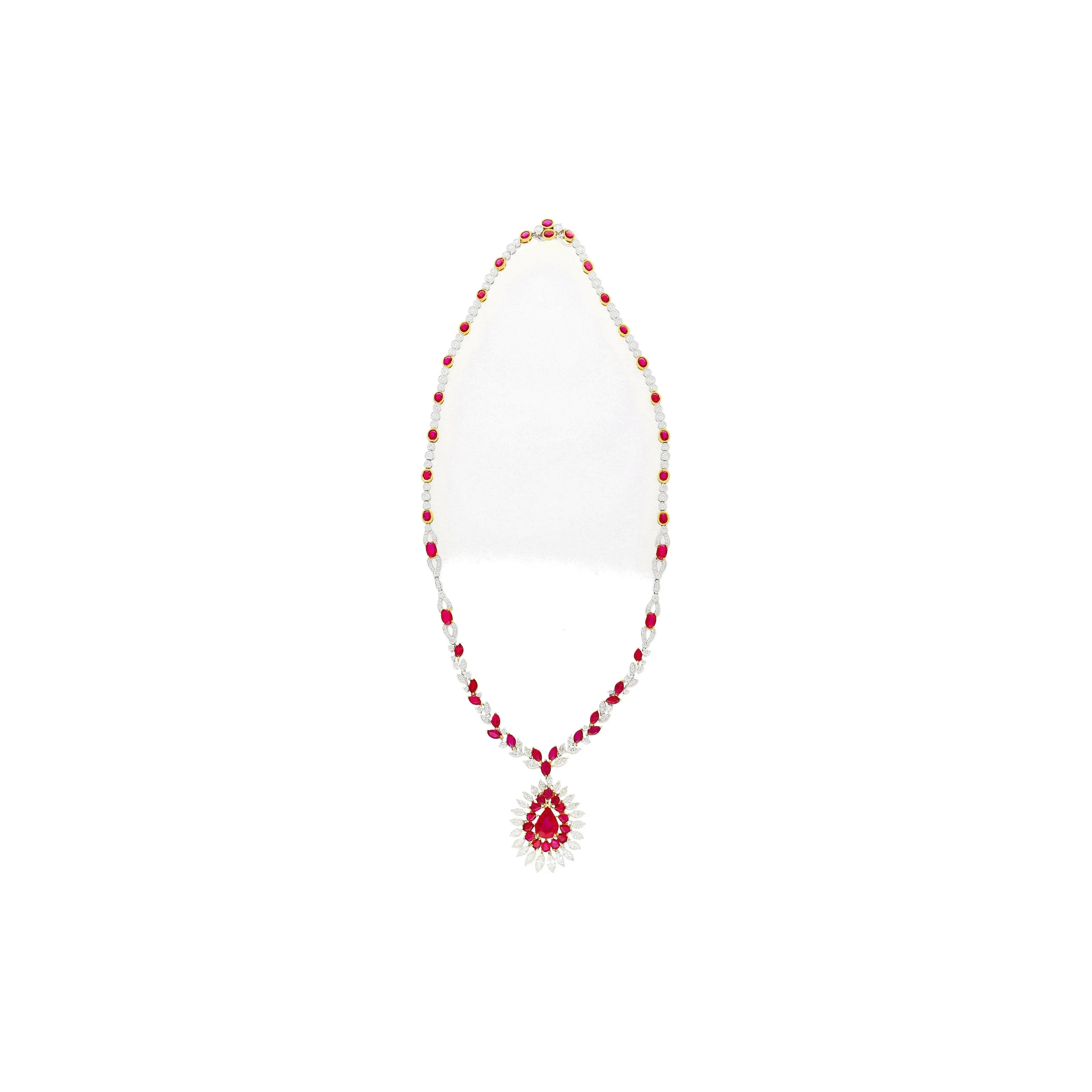 AGL Certified 22 Carat Pear Cut Burma Ruby and Diamond Chandelier Necklace