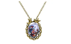 Antique Bronze Glass Cabochon Oval Flower Bird Alloy Pendant Necklace