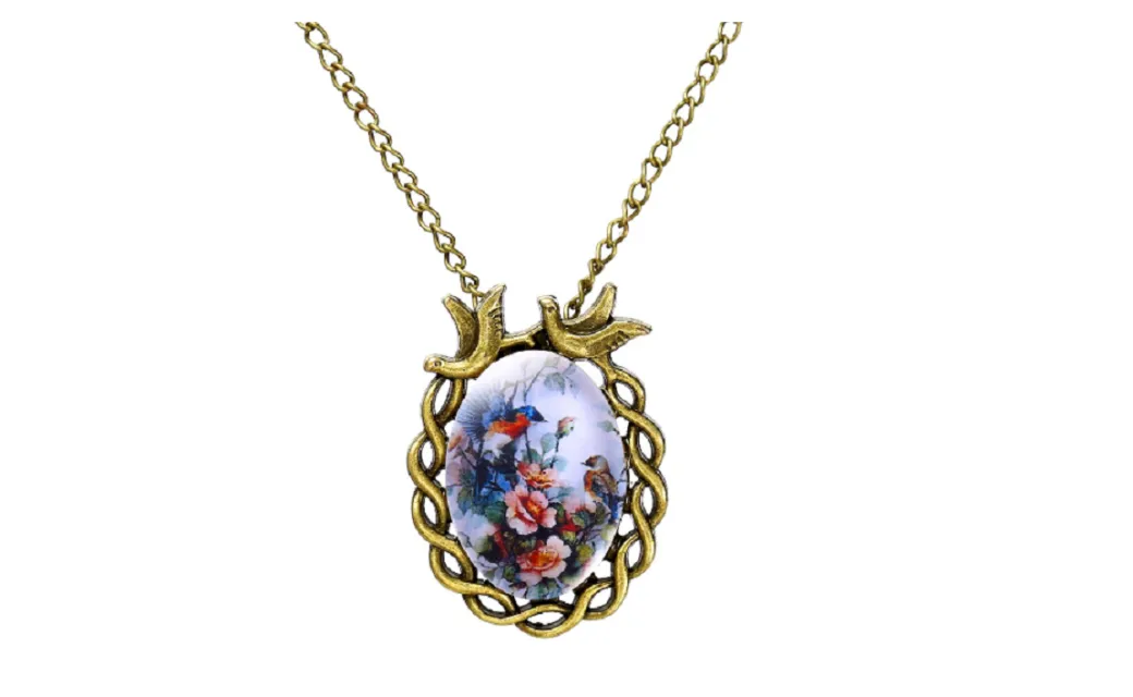 Antique Bronze Glass Cabochon Oval Flower Bird Alloy Pendant Necklace